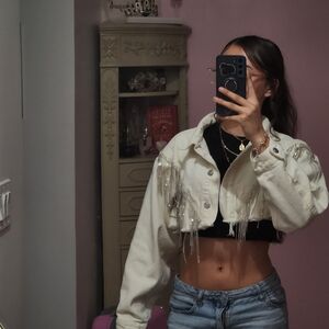 Windsor Cream Cropped Jean Jacket with Beaded Fringe